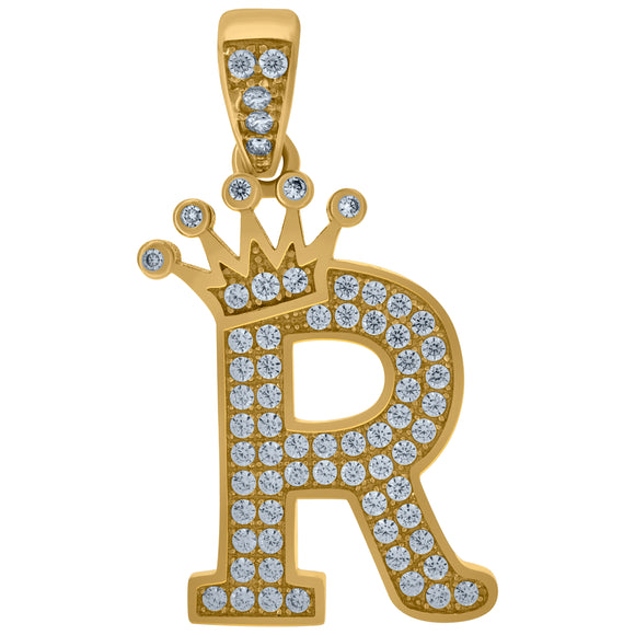 10kt Yellow Gold Mens Women Cubic Zirconia Crowned Letter Capital R Charm Pendant