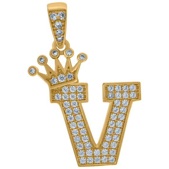 10kt Yellow Gold Mens Women Cubic Zirconia Crowned Letter Capital V Charm Pendant