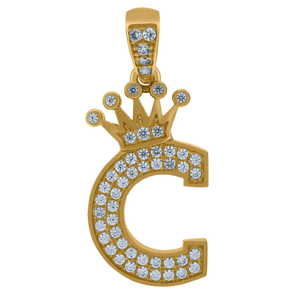10kt Yellow Gold Mens Women Cubic Zirconia Crowned Letter Capital C Charm Pendant