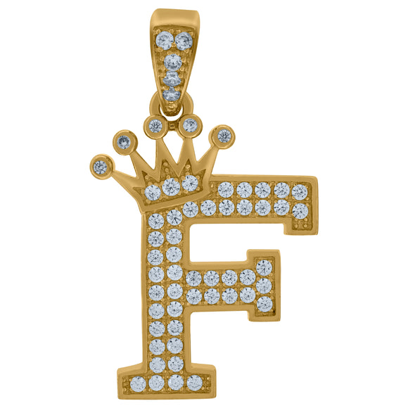 10kt Yellow Gold Mens Women Cubic Zirconia Crowned Letter Capital F Charm Pendant