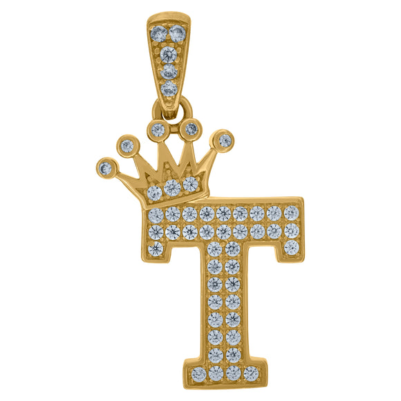 10kt Yellow Gold Mens Women Cubic Zirconia Crowned Letter Capital T Charm Pendant