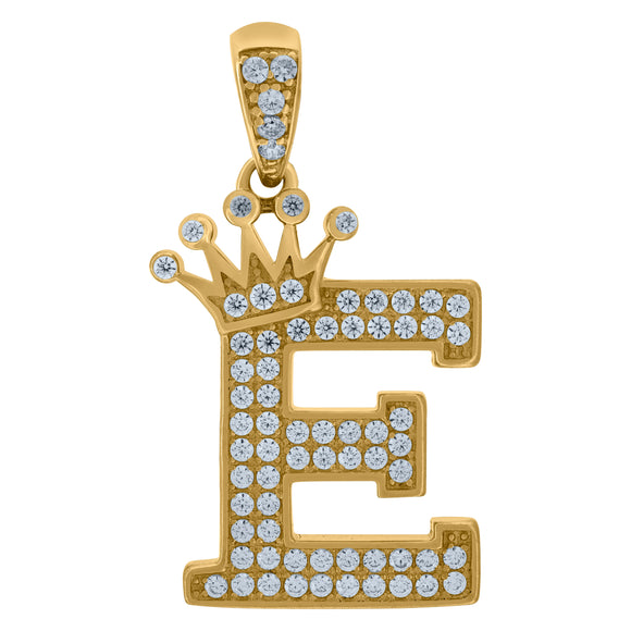 10kt Yellow Gold Mens Women Cubic Zirconia Crowned Letter Capital E Charm Pendant