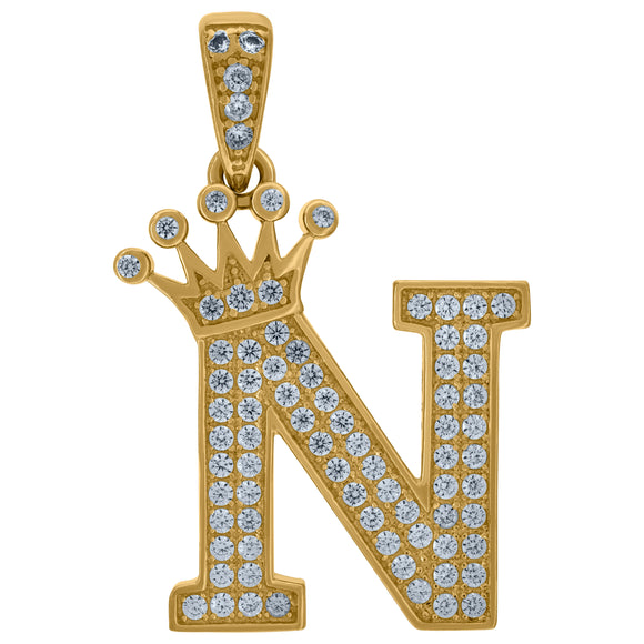 10kt Yellow Gold Mens Women Cubic Zirconia Crowned Letter Capital N Charm Pendant