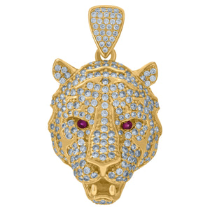 10kt Yellow Gold Mens Pink White Cubic-Zirconia Wildlife Animal Tiger Charm Pendant