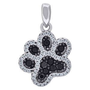 925 Sterling Silver Mens Black White Cubic-Zirconia Paw Print Animal Wildlife Charm Pendant
