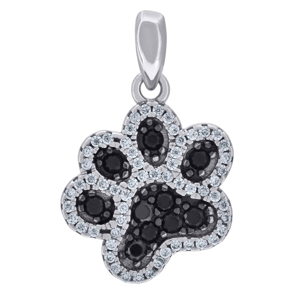 925 Sterling Silver Mens Black White Cubic-Zirconia Paw Print Animal Wildlife Charm Pendant
