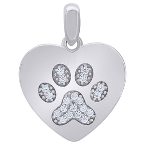 925 Sterling Silver Womens Cubic Zirconia Paw Print Heart Pet Charm Pendant