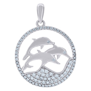 925 Sterling Silver Womens Cubic-Zirconia Dolphin Ocean Charm Pendant
