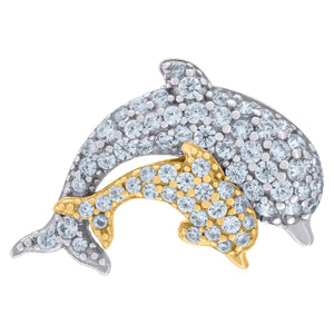 925 Sterling Silver Yellow-Tone Unisex Cubic-Zirconia Dolphin Ocean Charm Pendant