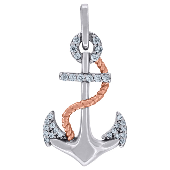 925 Sterling Silver Rose-Tone Mens Cubic-Zirconia Anchor Ocean Charm Pendant