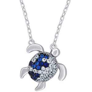 925 Sterling Silver Women Blue & White Cubic Zirconia Rolo Link Turtle Necklace