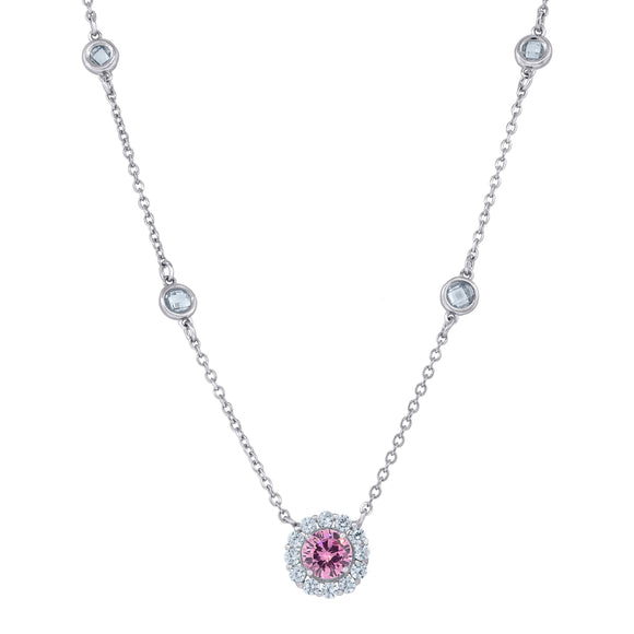 925 Sterling Silver Women Pink & White Cubic Zirconia Fashion Halo Necklace
