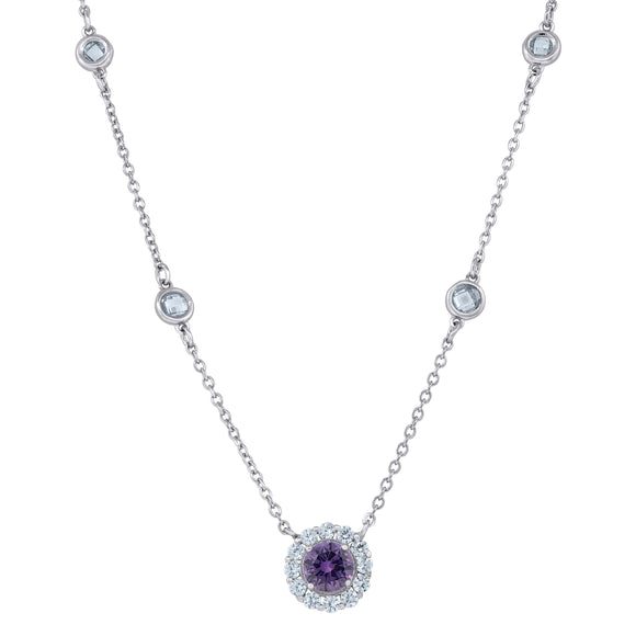 925 Sterling Silver Women Violet & White Cubic Zirconia Fashion Halo Necklace