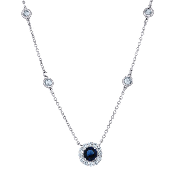 925 Sterling Silver Women Blue & White Cubic Zirconia Fashion Halo Necklace