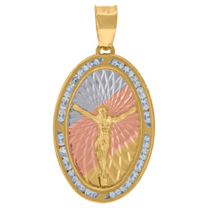 10kt Tri-color Gold Unisex Cubic-zirconia Diamond-cut Crucifix Religious Oval Charm Pendant