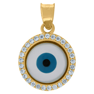 10kt Yellow Gold Unisex Cubic-zirconia Evil Eye Blue White Enamel Charm Pendant