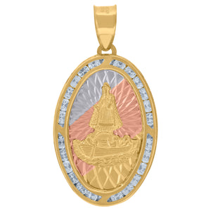 10kt Tri-color Gold Unisex Cubic-zirconia Diamond-cut Saint Brendan The Navigator Boat Plaque Religious Oval Charm Pendant