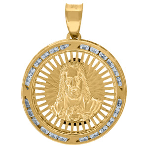 10kt Yellow Gold Unisex Cubic-zirconia Textured Sacred Heart Of Jesus Religious Double Sided Charm Pendant