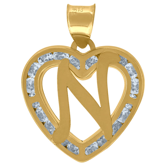 10kt Yellow Gold Unisex Cubic-zirconia Initial Letter N Heart Charm Pendant