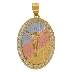 10kt Tri-color Gold Unisex Cubic-zirconia Textured Crucifix Religious Oval Charm Pendant