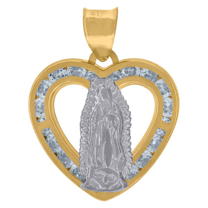 10kt Two-tone Gold Unisex Cubic-zirconia Lady Of Guadalupe Heart Religious Charm Pendant