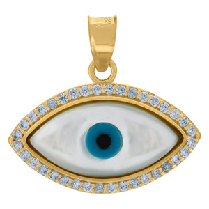 10kt Yellow Gold Unisex Cubic-zirconia Evil Eye Blue White Enamel Charm Pendant