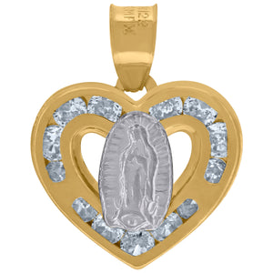 10kt Two-tone Gold Unisex Cubic-zirconia Diamond-cut Textured Lady Of Guadalupe Religious Heart Charm Pendant