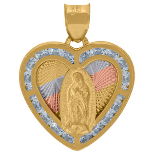 10kt Tri-color Gold Unisex Cubic-zirconia Diamond-cut Textured Lady Of Guadalupe Religious Heart Charm Pendant