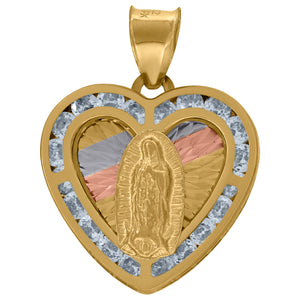 10kt Tri-color Gold Unisex Cubic-zirconia Diamond-cut Textured Lady Of Guadalupe Religious Heart Charm Pendant