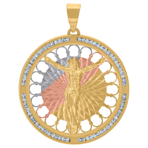 10kt Tri-color Gold Unisex Cubic-zirconia Textured Crucifix Religious Charm Pendant