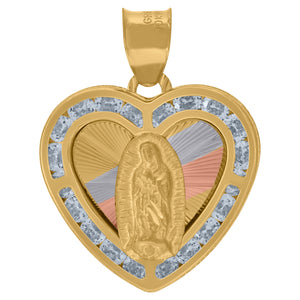 10kt Tri-color Gold Unisex Cubic-zirconia Textured Lady Of Guadalupe Religious Heart Charm Pendant