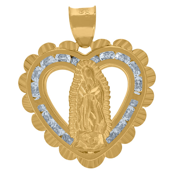 10kt Yellow Gold Unisex Cubic-zirconia Textured Lady Of Guadalupe Religious Heart Charm Pendant