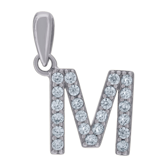 925 Sterling Silver Unisex Cubic-zirconia Initial Alphabet M Charm Pendant