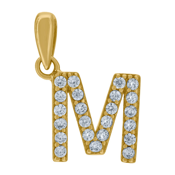925 Sterling Silver Yellow-tone Unisex Cubic-zirconia Initial Alphabet M Charm Pendant