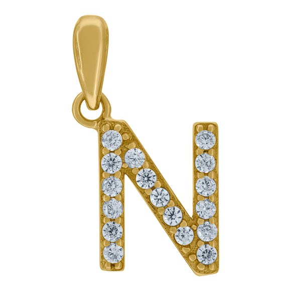 925 Sterling Silver Yellow-tone Unisex Cubic-zirconia Initial Alphabet N Charm Pendant