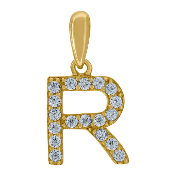 925 Sterling Silver Yellow-tone Unisex Cubic-zirconia Initial Alphabet R Charm Pendant