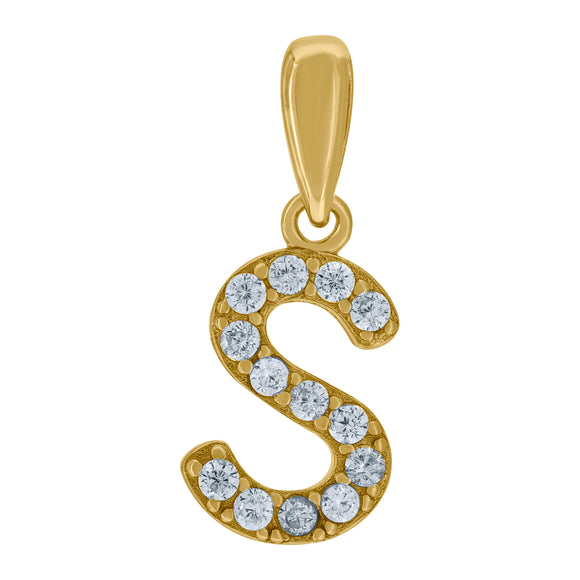 925 Sterling Silver Yellow-tone Unisex Cubic-zirconia Initial Alphabet S Charm Pendant