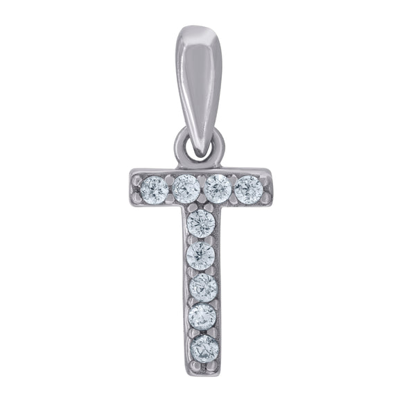 925 Sterling Silver Unisex Cubic-zirconia Initial Alphabet T Charm Pendant