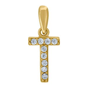 925 Sterling Silver Yellow-tone Unisex Cubic-zirconia Initial Alphabet T Charm Pendant
