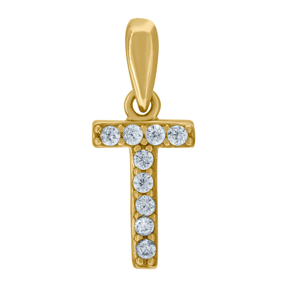 925 Sterling Silver Yellow-tone Unisex Cubic-zirconia Initial Alphabet T Charm Pendant