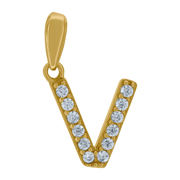 925 Sterling Silver Yellow-tone Unisex Cubic-zirconia Initial Alphabet V Charm Pendant