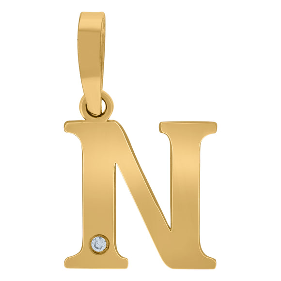925 Sterling Silver Yellow-tone Unisex cubic-zirconia Plain Initial Alphabet N Charm Pendant