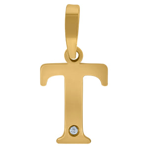 925 Sterling Silver Yellow-tone Unisex cubic-zirconia Plain Initial Alphabet T Charm Pendant