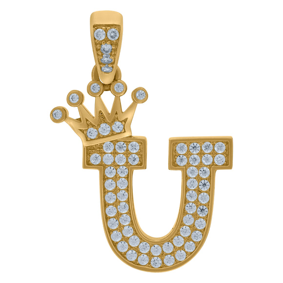 10kt Yellow Gold Mens Women Cubic Zirconia Crowned Letter Capital U Charm Pendant