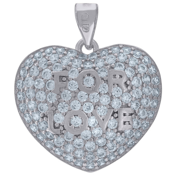 925 Sterling Silver Womens CZ FOR LOVE Heart Charm Pendant