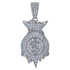 925 Sterling Silver Mens Cubic Zirconia Gambling Money Bag Dripping Charm Pendant