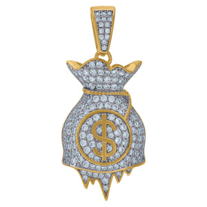 925 Sterling Silver Yellow-tone Mens Cubic Zirconia Gambling Money Bag Dripping Charm Pendant