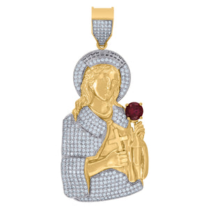 10kt Two-Tone Gold Unisex Red White Cubic-Zirconia Religious Saint Barbara Charm Pendant