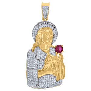 10kt Two-Tone Gold Unisex Red White Cubic-Zirconia Religious Saint Barbara Charm Pendant
