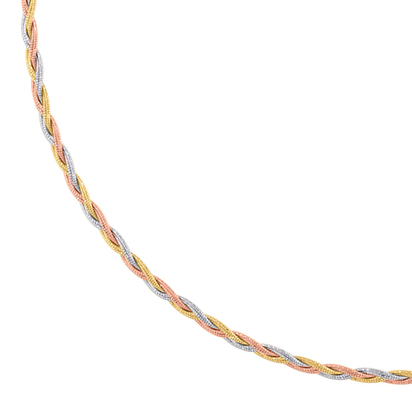 14kt Tri-color Gold Womens Polished Finish Textured Twisted Braided Necklace Size 18 Inches